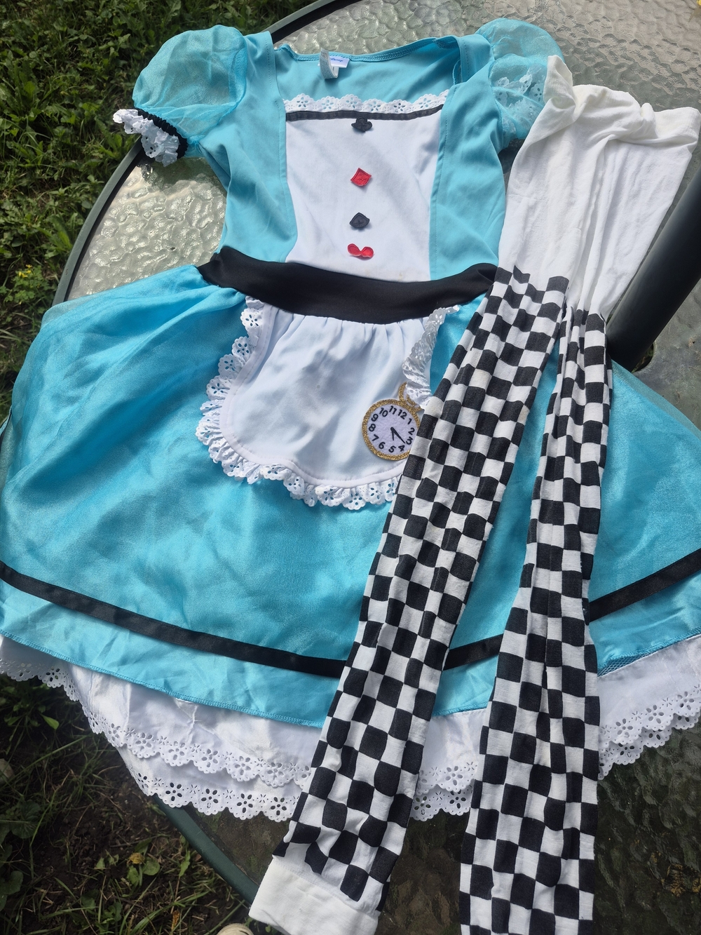 Kids Blue Alice In Wonderland Costume with Checkerboard Tights